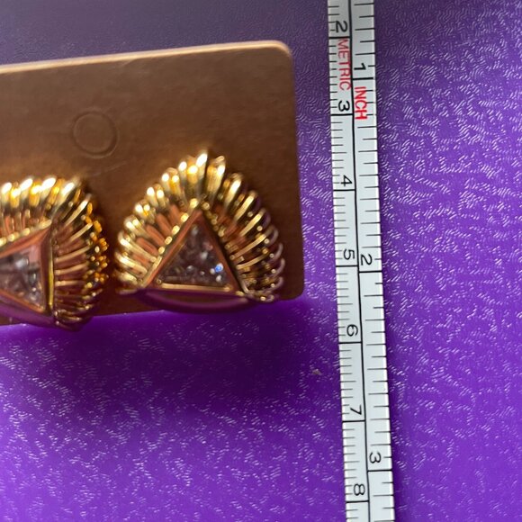 Vintage 1989 Franklin Mint Gold Tone CZ MCM Triangle Earrings - Picture 4 of 5
